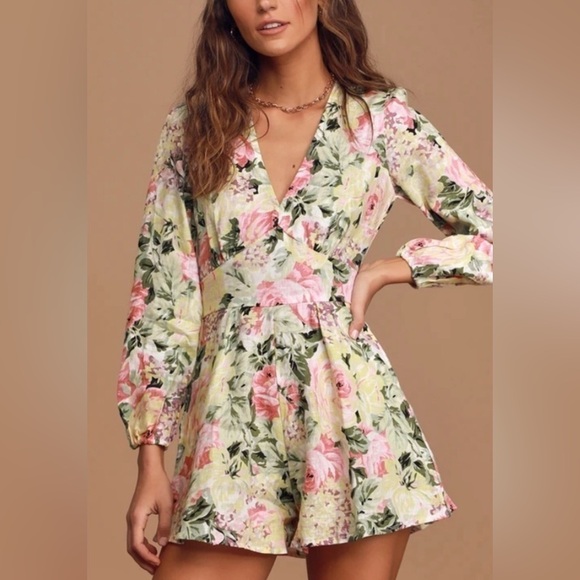Faithfull the Brand Women’s Linen Floral Romper Yellow Pink Size 4 EUC - Picture 7 of 9